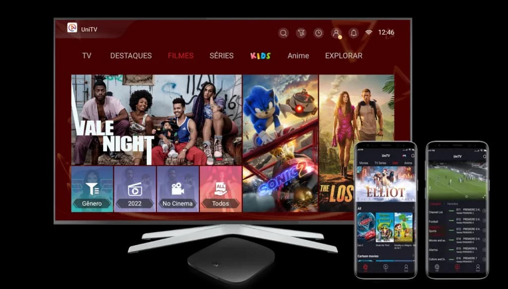 App UniTV mostrando canais ao vivo em HD, filmes e séries prontos para streaming